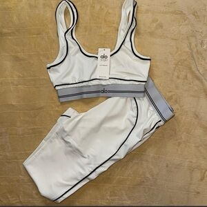 ALO Yoga White Sports Bra & Leggings with Black Piping